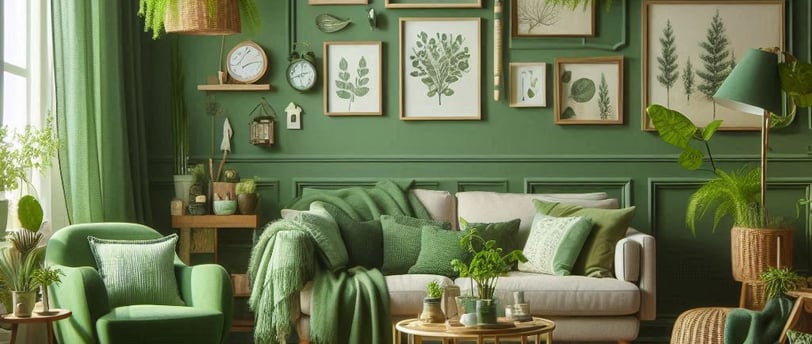 a living room with green walls and a green couch