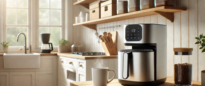 A modern kitchen setup featuring an air fryer,stackable storage containers and a smart coffee maker.