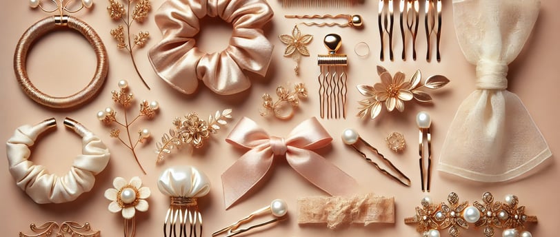 Elegant and trendy hair accessories for women, featuring scrunchies, clips, and headbands on pastel.