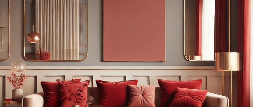Cozy living room with cherry red sofa,gold mirrors,neutral walls,and a textured rug for modern decor