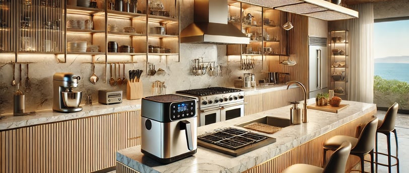 Must-have kitchen gadgets, including a compact air fryer and electric milk frother, for an organized