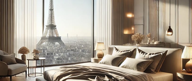 Elegant Parisian bedroom with a breathtaking view of the Eiffel Tower, featuring cozy decor and soft
