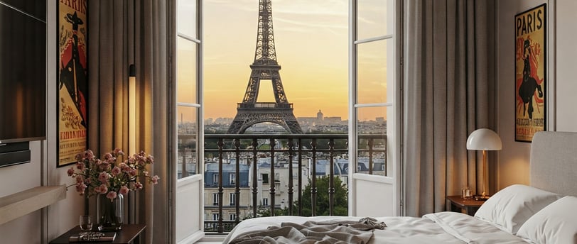 Parisian bedroom with Eiffel Tower view, elegant interior, contemporary style.