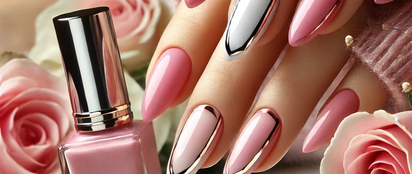 Pink short nails with chrome and French tip design for Valentine’s Day, surrounded by rose petals.