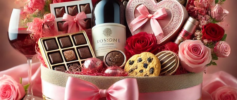 Valentine’s Day gift basket with chocolates, candies, and wine, perfect for thoughtful celebrations.
