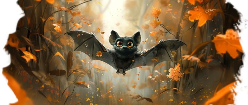 Kleine Fledermaus fliegt durch einen herbstlichen Wald, umgeben von goldenen Blättern.
