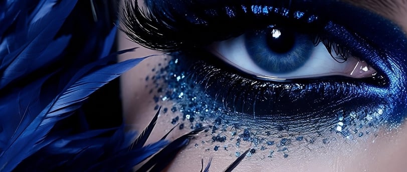 einblau geschminktes Auge mit Glitzersteinen und Federwimpern