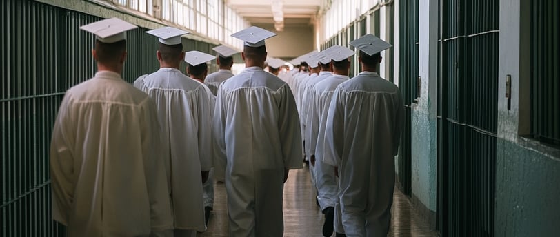 a group of male inmates in cap and gown walking down a hallway