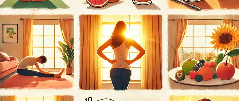 A imagem retrata uma cena matinal iluminada pelo sol, transmitindo energia e bem-estar. Uma pessoa a
