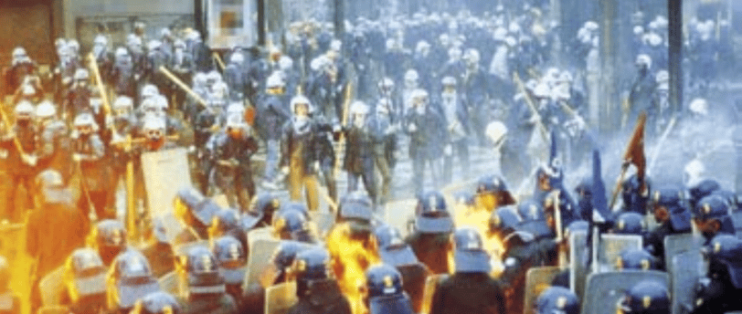Clashes between riot police and opposition groups, 1985