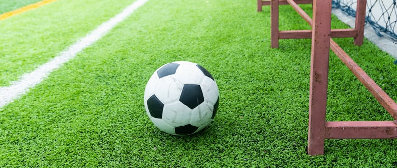 a soccer ball on the grass in a soccer field