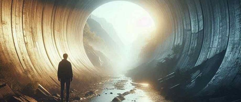 A man standing in a tunnel seeing light ahead, symbolizing the journey of meditation to reduce anxiety and find inner peace.