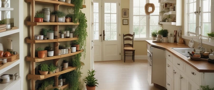 a kitchen with a lot of potted plants in pots