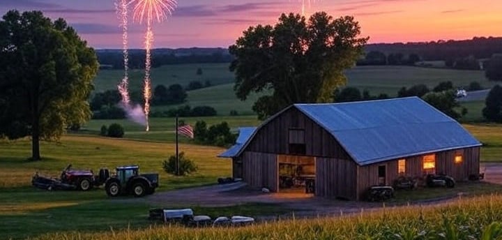 a barnyard with fireworks in the background