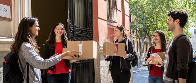 Estudiantes universitarios en Madrid entregando sus pertenencias en cajas a un servicio de recogida 