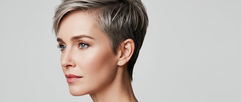 a woman with a short haircut and a white shirt