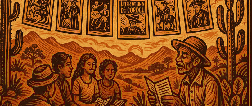 Ilustração em estilo xilogravura representando a literatura de cordel no Nordeste brasileiro