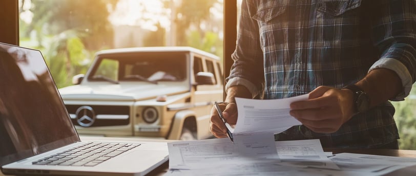 alifornia small business owner reviewing vehicle lease documents with tax forms and calculator, business vehicle visible outs