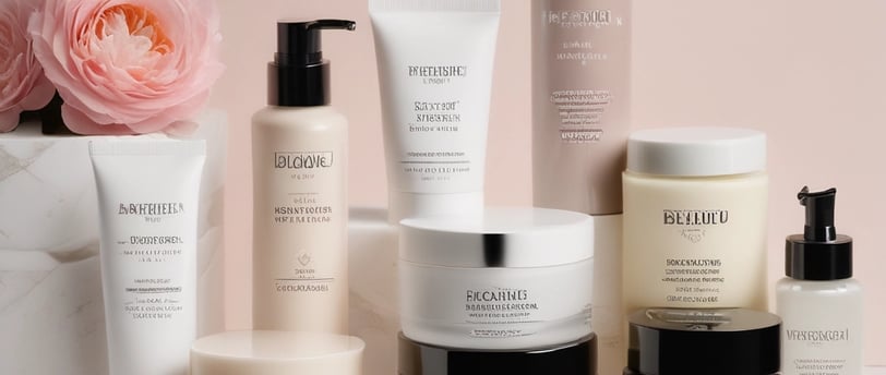 A neatly arranged collection of luxury skincare products placed inside an elegant white leather bag. The items are set against a backdrop of fashion magazines on a wooden surface, giving a sense of sophistication and style.
