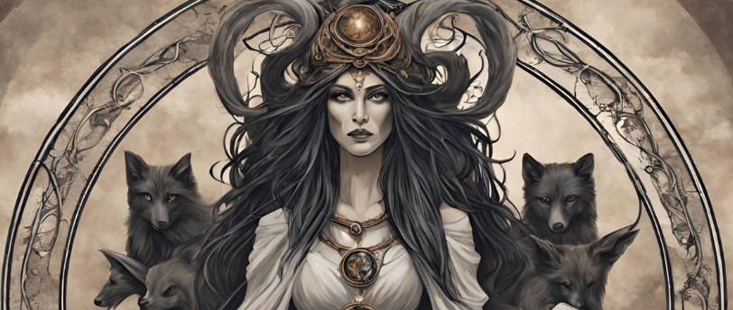 The Goddess Hecate surrounded by black dogs.