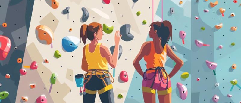two cartoon women stand in front of climbing wall