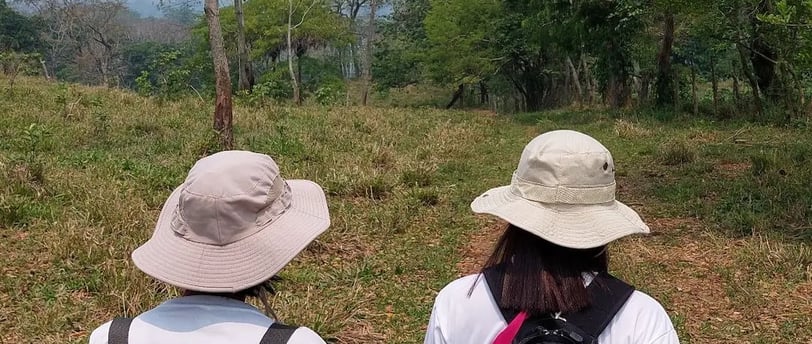 two people standing in a field with a giraffe