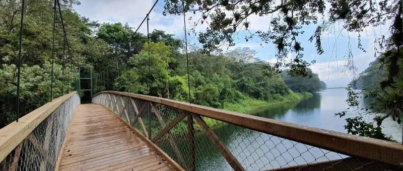 a bridge with a suspension bridge over a river