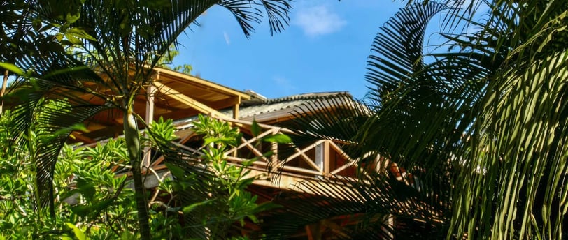 wooden bungalow in a tropical garden