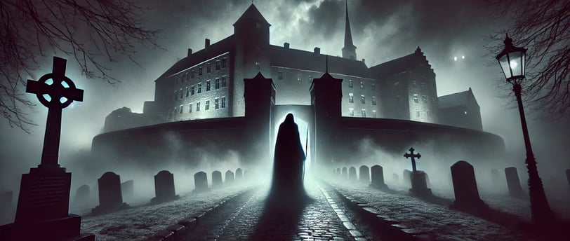 a man in a black robe standing in front of a castle
