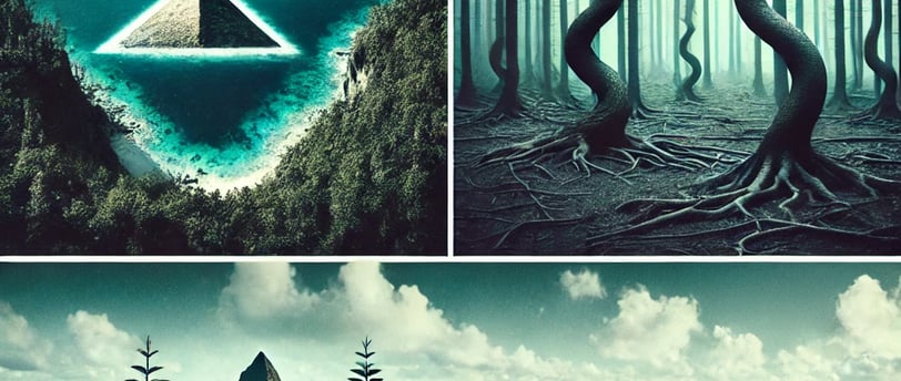 a series of photos of a forest with trees and mountains