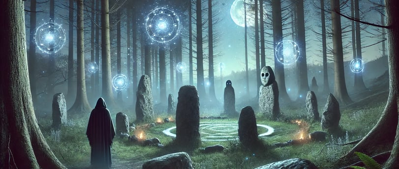 a mystical forest clearing with an ancient stone circle, glowing lights, and a shadowy hooded figure