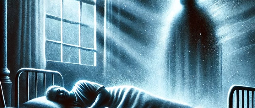 a man in a bed with a ghost in the background