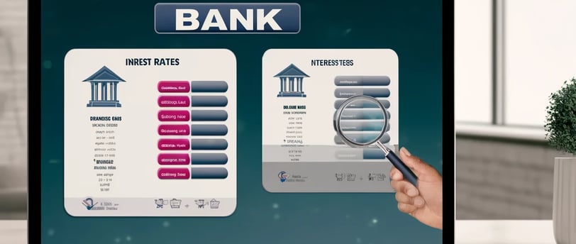 Person researching best banks for their needs on a laptop, comparing interest rates, fees, and servi