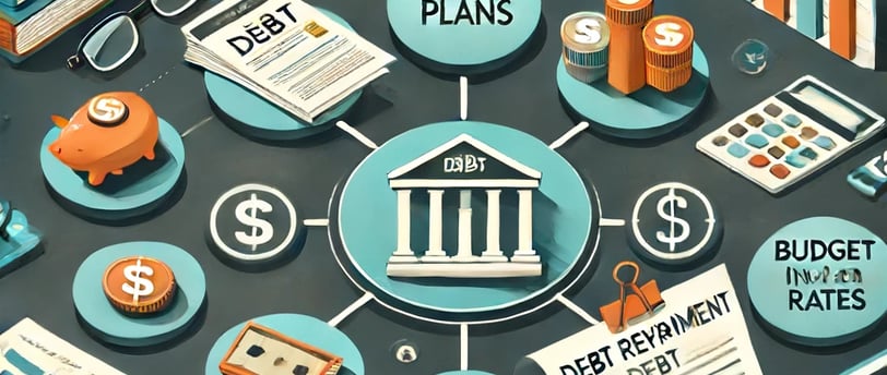Person managing high-interest debt with a budget plan, calculator, and credit card, demonstrating ef