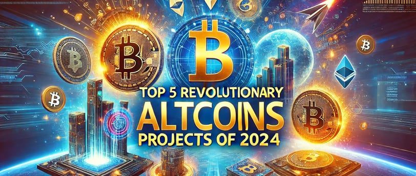 Eye-catching image for a blog post titled 'Top 5 Revolutionary Altcoins of 2024,' featuring vibrant 