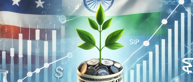 A financial-themed image displaying the flags of India and the United states