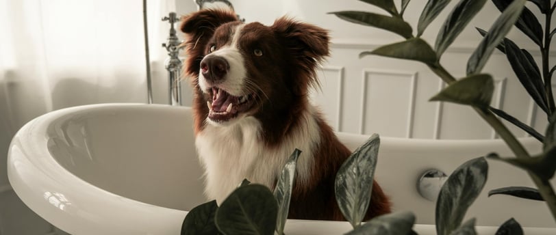 a dog sitting in a bathtub with greenery around