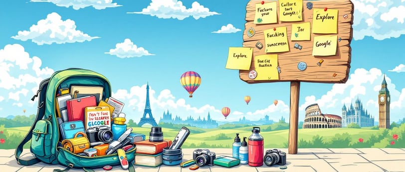Essential gear for budget backpackers displayed against a travel-themed background.