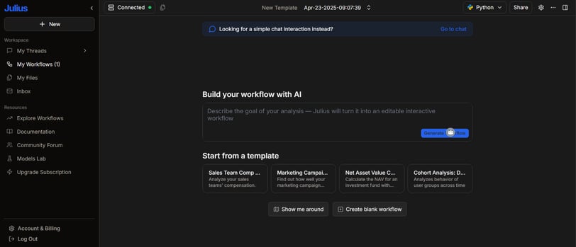 Julius Ai chatbot for data analytics