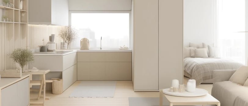 A minimalist Japandi styled studio apartment