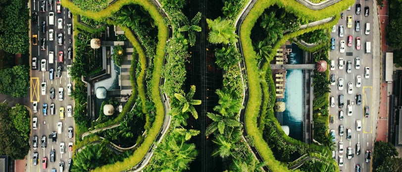 Smart eco-city: green tech, sustainable urban forest design, nature-integrated green architecture, ecological urban design