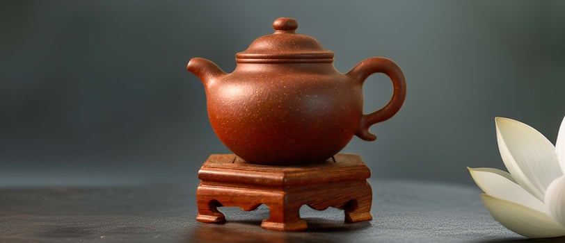 A Yixing teapot is placed on a wooden stand, with a white lotus flower beside it