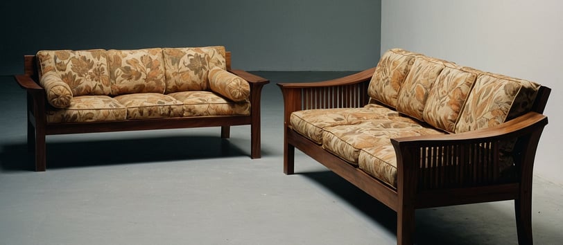 two wooden couches in a room