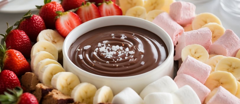 salted caramel and chocolate fondue with strawberries, bananas and marshmallows