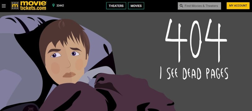 Image of UX copywriting sample from Glen Cadorette:  MovieTickets.com 404 error.