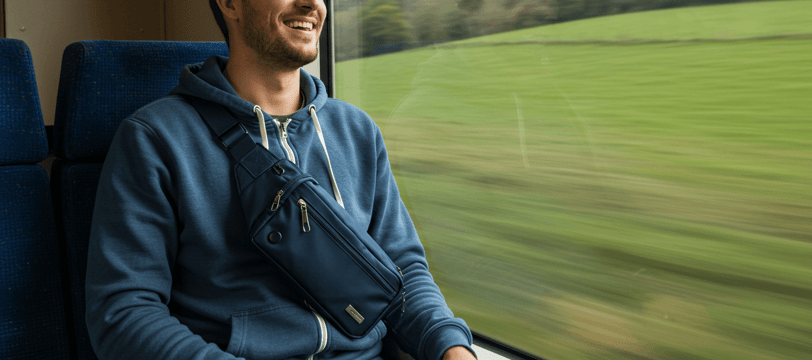 a man sitting on a train with cross body bag