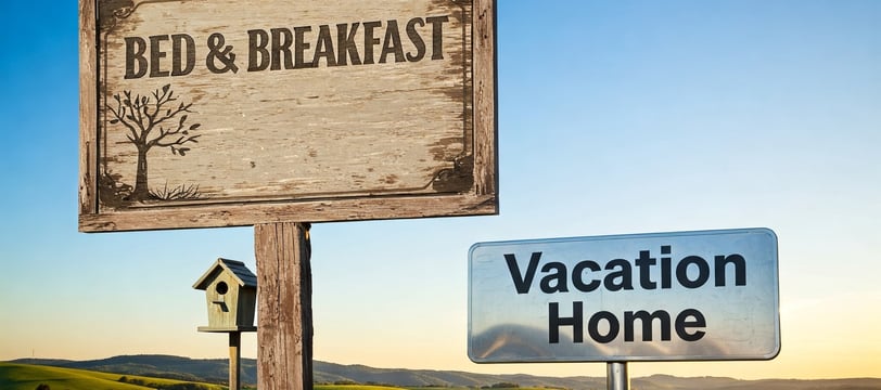 Un paesaggio con dei cartelli che indicano la presenza di un bed & breakfast e una casa vacanze
