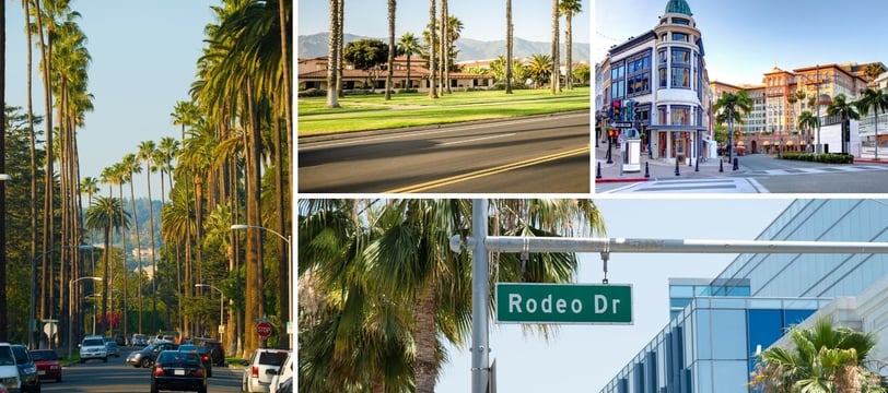 Registro da autora explorando a icônica Rodeo Drive com Beverly Hills ao fundo.