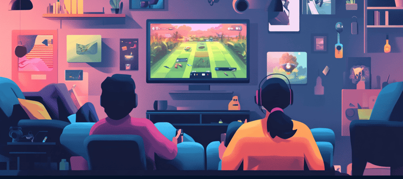 a couple of people sitting on a couch watching a video game