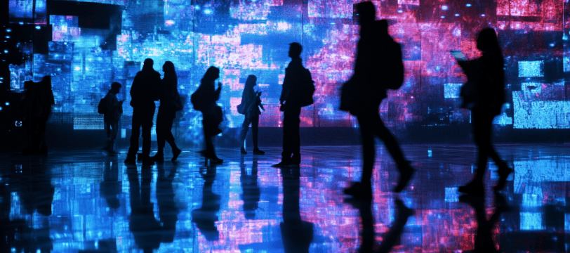 people walking through a large room with a large screen